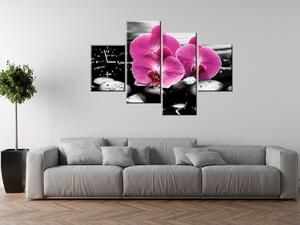 Obraz s hodinami Krásná orchidej mezi kameny - 4 dílný Rozměry: 120 x 70 cm