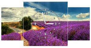 Obraz s hodinami Kouzelná levandulová země - 3 dílný Rozměry: 90 x 30 cm