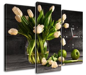 Gario 3 dílný obraz s hodinami Krémové tulipány Velikost: 80 x 40 cm