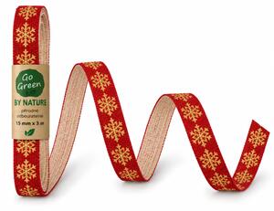 Vánoční bavlněná stuha SNOW NATURE RED GOLD červená se zlatými vločkami 15mm x 3m