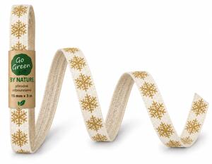 Vánoční bavlněná stuha SNOW NATURE WHITE GOLD bílá se zlatými vločkami 15mm x 3m