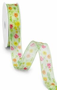 Zelená transparentní taftová stuha FLOWER MEADOW s květy 25mm x 4m (7,-Kč/m)