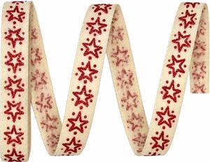 Vánoční stuha RED STAR NATUR potisk hvězdy červené 15mm x 2m (6,- Kč/m)