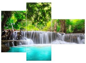 Obraz s hodinami Nádherný vodopád v Thajsku - 3 dílný Rozměry: 90 x 70 cm