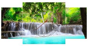 Obraz s hodinami Nádherný vodopád v Thajsku - 3 dílný Rozměry: 100 x 70 cm