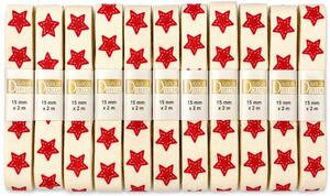 POSLEDNÍ KUSY!10x Stuha vánoční COTTON RIBBON STARS – NATURAL RED béžová 15mm x 2m (8,-Kč/ks)(4,-Kč/m)