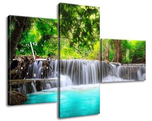 Obraz s hodinami Nádherný vodopád v Thajsku - 3 dílný Rozměry: 80 x 40 cm