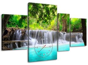 Obraz s hodinami Nádherný vodopád v Thajsku - 4 dílný Rozměry: 120 x 70 cm