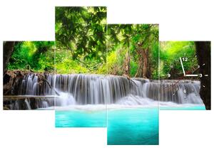 Obraz s hodinami Nádherný vodopád v Thajsku - 4 dílný Rozměry: 120 x 70 cm