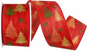 Stuha vánoční Golden Pine Glow – Red červená 40mm x 2m (14,-Kč/m)