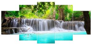 Obraz s hodinami Nádherný vodopád v Thajsku - 5 dílný Rozměry: 150 x 70 cm