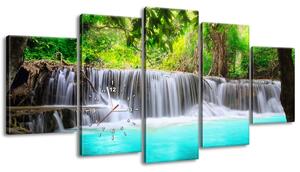 Obraz s hodinami Nádherný vodopád v Thajsku - 5 dílný Rozměry: 150 x 70 cm