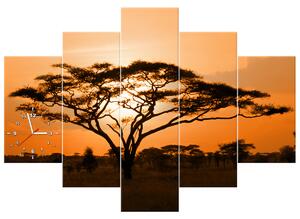 Obraz s hodinami Nádherná africká země - 5 dílný Rozměry: 150 x 105 cm