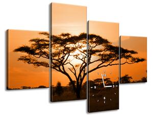 Obraz s hodinami Nádherná africká země - 4 dílný Rozměry: 120 x 80 cm