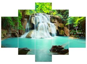 Obraz s hodinami Vodopád v Thajsku - 5 dílný Rozměry: 150 x 105 cm