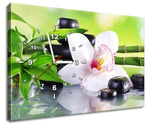 Obraz s hodinami Bílá orchidej a kameny Velikost: 60 x 40 cm