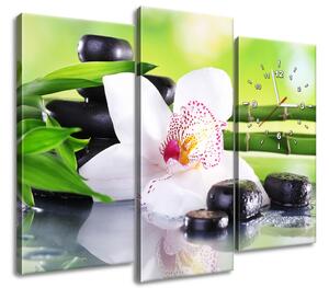Obraz s hodinami Bílá orchidej a kameny - 3 dílný Rozměry: 30 x 90 cm
