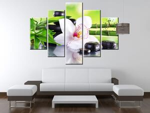 Obraz s hodinami Bílá orchidej a kameny - 5 dílný Rozměry: 150 x 105 cm