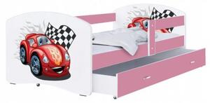 Dětská postel LUKI se šuplíkem RŮŽOVÁ 160x80 cm vzor ZÁVODNÍ AUTO