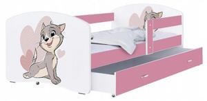 Dětská postel LUKI se šuplíkem RŮŽOVÁ 160x80 cm vzor KOČIČKA