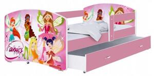 Dětská postel LUKI se šuplíkem RŮŽOVÁ 160x80 cm vzor VÍLY