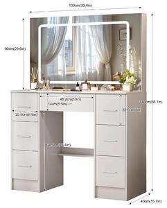 Zrcadlo s osvětlením LED, bílé barvy, s zásuvkami, s dřevěnými prvky, moderní, minimalistický design