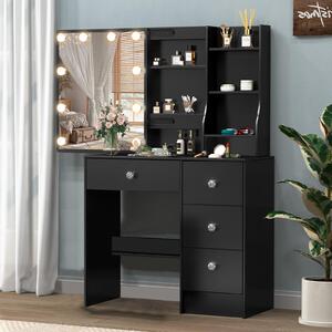 Kosmetický stolek, černý - 4 zásuvky - MDF - Moderní design - Zrcadlo