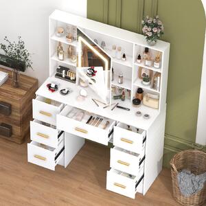 Toaletní stolek s LED zrcadlem - bílý - 7 zásuvek - vyrobený z MDF dřeva