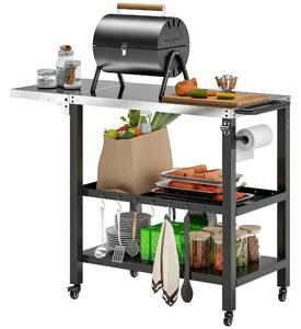 Outsunny 3-úrovňový grilovací vozík BBQ s kolečky, nerezová pracovní deska, skládací boční stůl a rukojeť, stůl pro pizza pec do zahrady nebo na teras