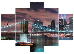 Obraz s hodinami Panorama Manhattanu - 5 dílný Rozměry: 150 x 105 cm