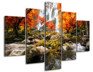 Obraz s hodinami Podzimní vodopád - 5 dílný Rozměry: 150 x 70 cm