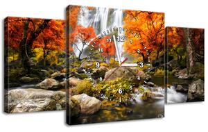 Obraz s hodinami Podzimní vodopád - 3 dílný Rozměry: 90 x 30 cm