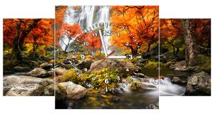 Obraz s hodinami Podzimní vodopád - 3 dílný Rozměry: 80 x 40 cm