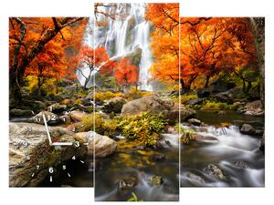 Obraz s hodinami Podzimní vodopád - 3 dílný Rozměry: 90 x 30 cm