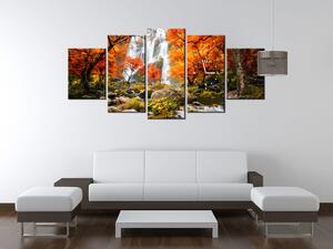 Obraz s hodinami Podzimní vodopád - 5 dílný Rozměry: 150 x 105 cm