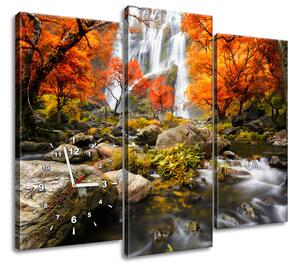 Obraz s hodinami Podzimní vodopád - 3 dílný Rozměry: 80 x 40 cm