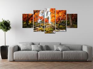 Obraz s hodinami Podzimní vodopád - 5 dílný Rozměry: 150 x 70 cm