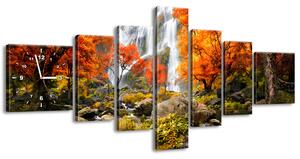 Obraz s hodinami Podzimní vodopád - 7 dílný Rozměry: 160 x 70 cm