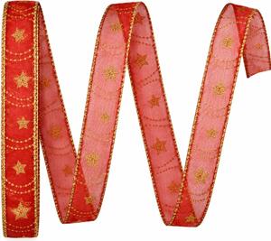 Stuha vánoční HARMONY RED – červená se zlatým potiskem 15mm x 2m (6,- Kč/m)