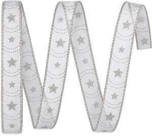 Stuha vánoční HARMONY WHITE – bílá se stříbrným potiskem 15mm x 2m (6,- Kč/m)