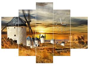 Obraz s hodinami Větrné mlýny ve Španělsku - 5 dílný Rozměry: 150 x 105 cm