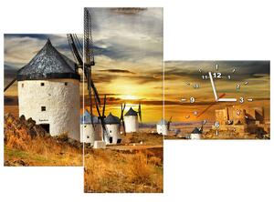 Obraz s hodinami Větrné mlýny ve Španělsku - 3 dílný Rozměry: 100 x 70 cm