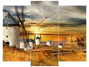 Obraz s hodinami Větrné mlýny ve Španělsku - 3 dílný Rozměry: 90 x 70 cm