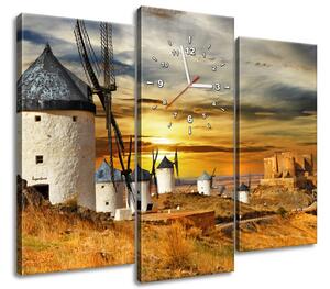 Obraz s hodinami Větrné mlýny ve Španělsku - 3 dílný Rozměry: 100 x 70 cm