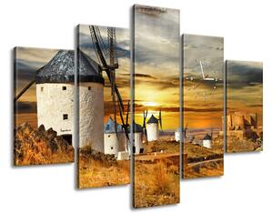 Obraz s hodinami Větrné mlýny ve Španělsku - 5 dílný Rozměry: 150 x 105 cm
