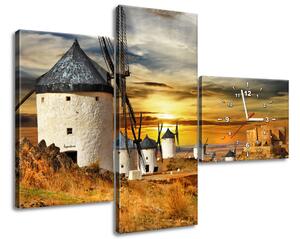 Obraz s hodinami Větrné mlýny ve Španělsku - 3 dílný Rozměry: 90 x 70 cm
