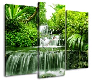 Obraz s hodinami Vodopád v deštném pralese - 3 dílný Rozměry: 80 x 40 cm
