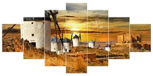 Obraz s hodinami Větrné mlýny ve Španělsku - 7 dílný Rozměry: 210 x 100 cm