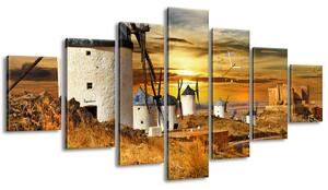 Obraz s hodinami Větrné mlýny ve Španělsku - 7 dílný Rozměry: 210 x 100 cm