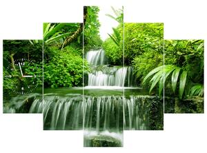 Obraz s hodinami Vodopád v deštném pralese - 5 dílný Rozměry: 150 x 105 cm